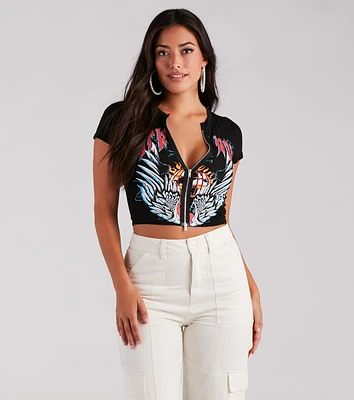 Rock 'N' Roll Zip-Front Cropped Graphic Tee