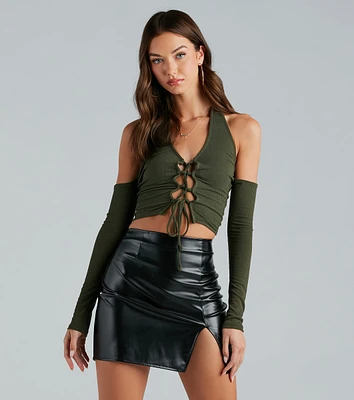 Cool Girl Ties Lace-Up Cold Shoulder Crop Top