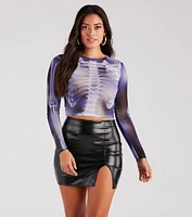 Sultry Skeleton Contrast Print Sheer Crop Top