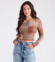 Cutie Plaid Long Sleeve Mesh Crop Top