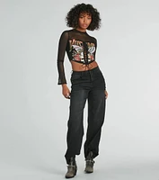 Vintage Lace-Up Mesh Graphic Crop Top