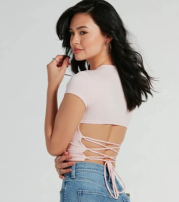 Trendy Cutie Lace-Up Ribbed Smooth Knit Crop Top