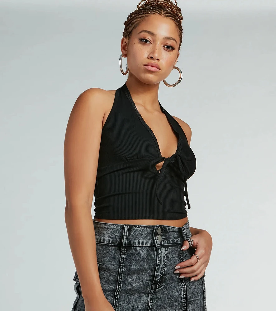 Mood For Love Lace Trim Halter Crop Top