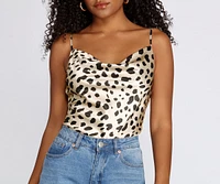 Leopard Print Cowl Neck Satin Top