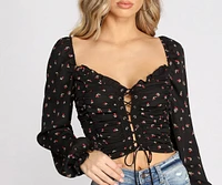 Lace Up Ditsy Floral Crop Top