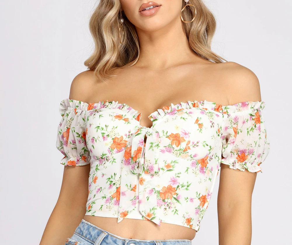 Flower Move Tie Front Off Shoulder Crop Top