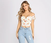 Flower Move Tie Front Off Shoulder Crop Top