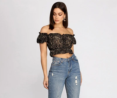 Zebra Off-Shoulder Puff Sleeve Crop Top