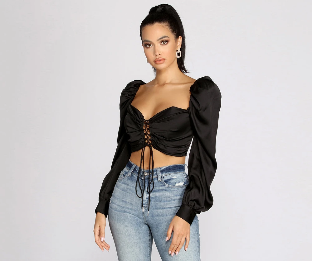 Lace Up Peasant Cropped Blouse