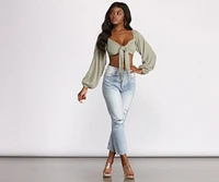 Long Sleeve Gauze Tie Front Crop Top