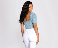 Denim Puff Sleeve Crop Top