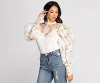 Power Shoulders Puff Embroidered Top