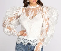 Power Shoulders Puff Embroidered Top