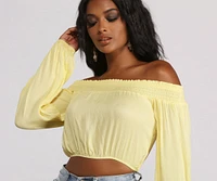 Off The Shoulder Long Sleeve Gauze Crop Top