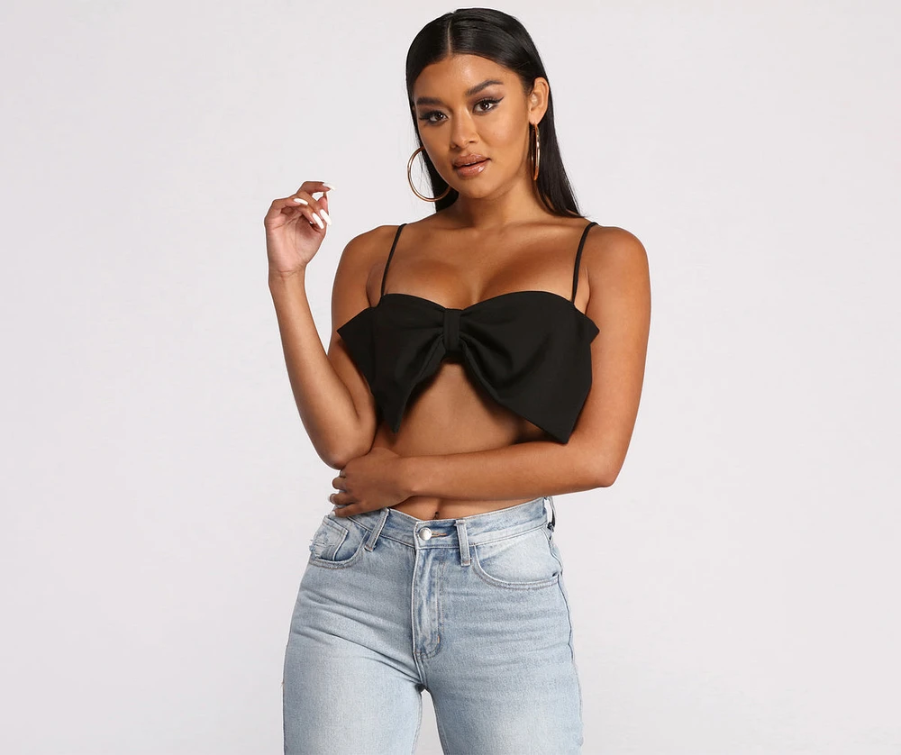 Crepe Knit Spaghetti Strap Bow Crop Top