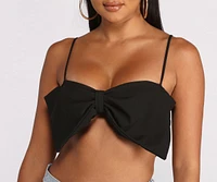 Crepe Knit Spaghetti Strap Bow Crop Top