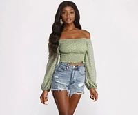 Off The Shoulder Chiffon and Smocked Ditsy Print Top