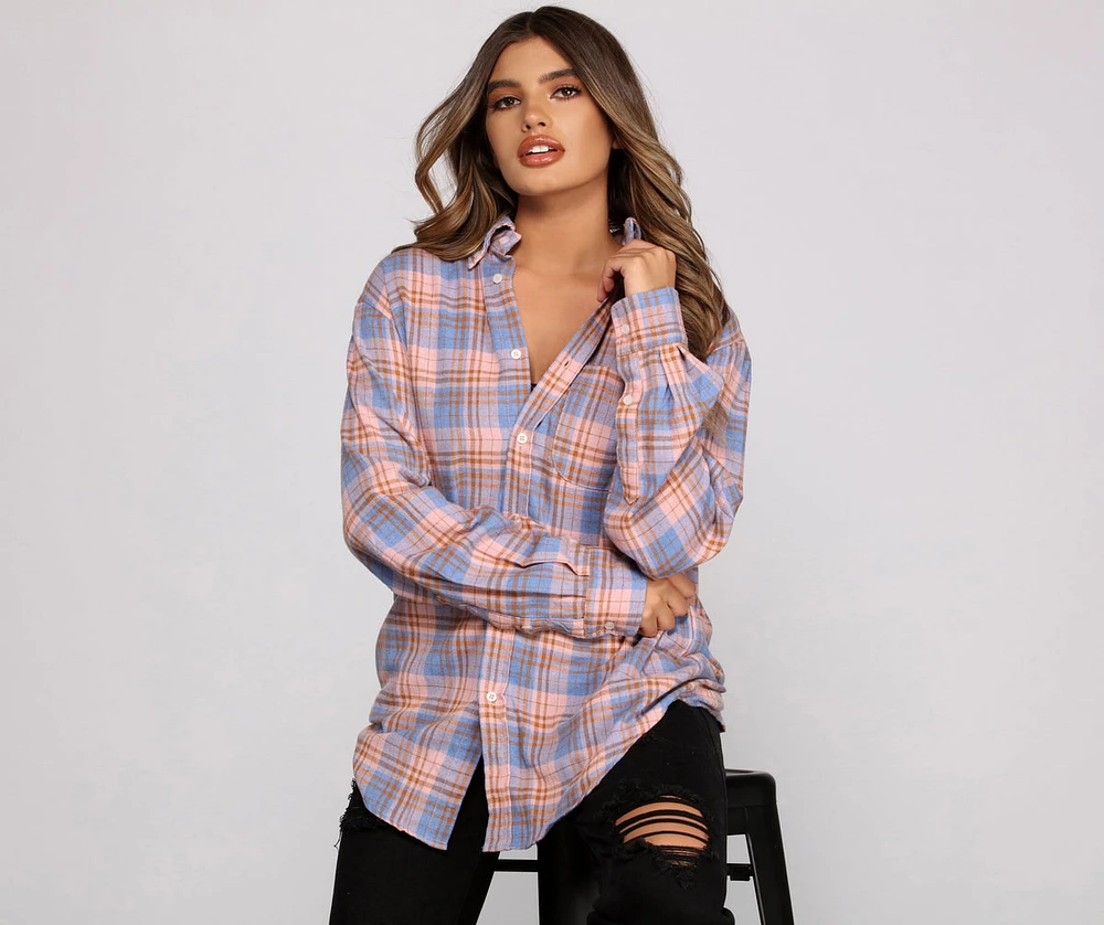 Effortlessly Edgy Mood Button-Up Flannel Tunic