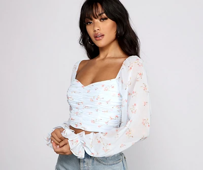 Floral Blossoms Chiffon Ruched Crop Top