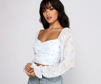 Floral Blossoms Chiffon Ruched Crop Top