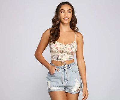 On My Radar Floral Lace Up Crop Top