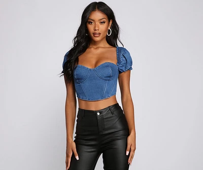 Fab And Chic Denim Puff Sleeve Bustier