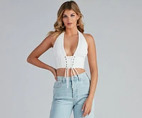 Lovin' It Lattice Linen Halter Top