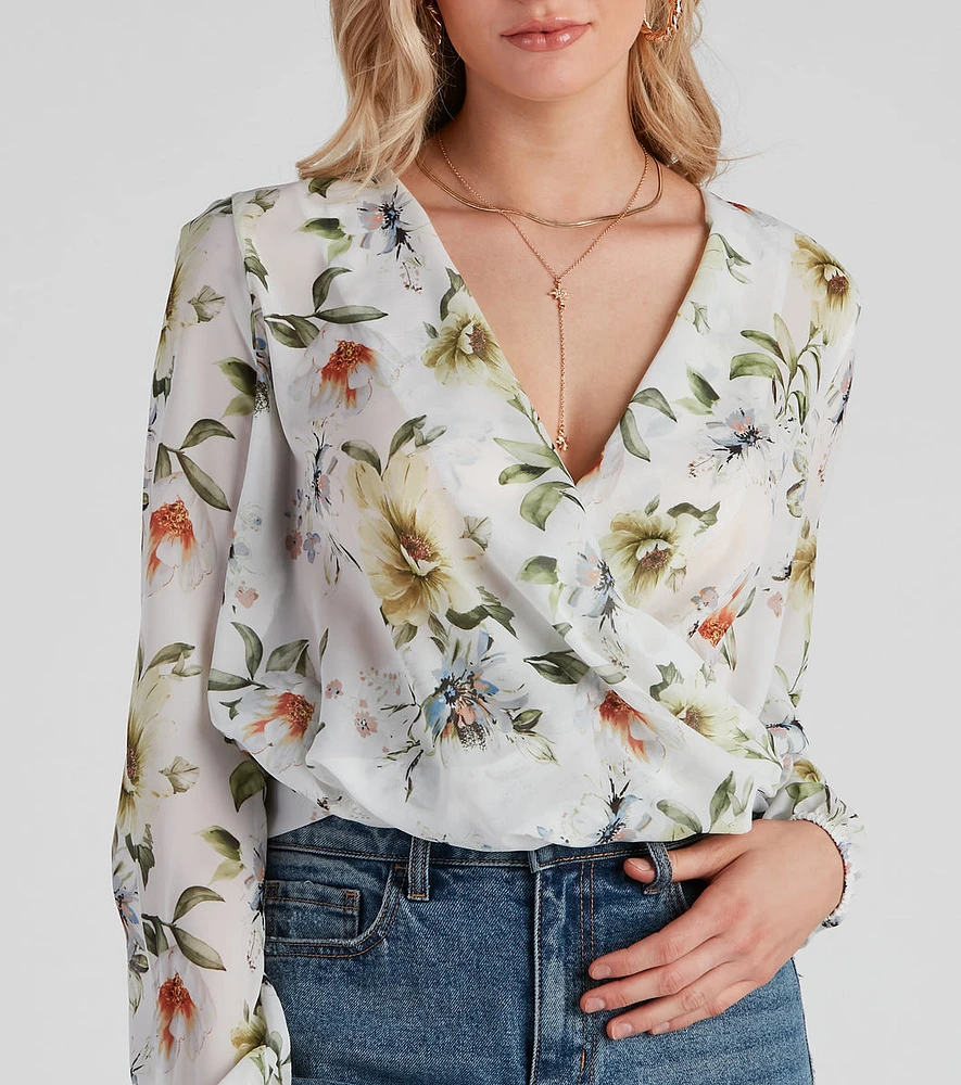 Floral Romance Chiffon Surplice Top