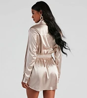 Fall Nights Satin Button-Up Short Dress