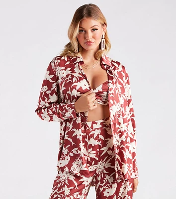 Major Muse Floral Satin Button-Down Top