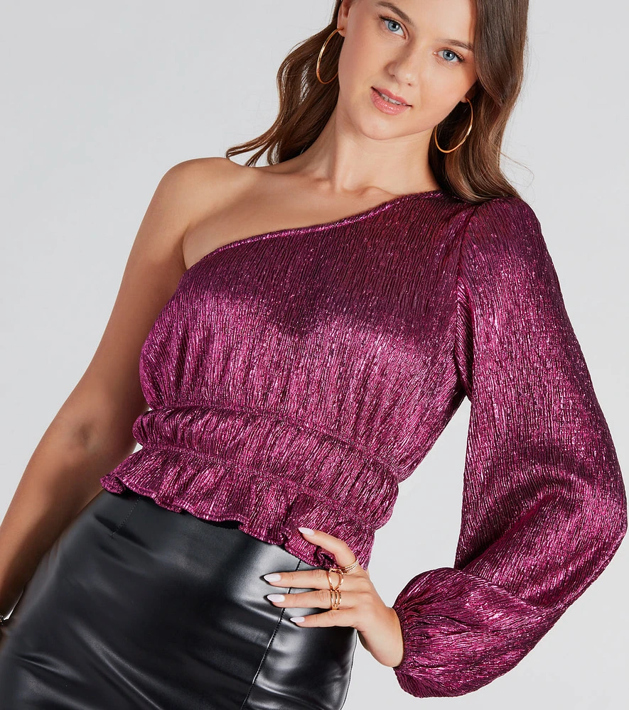 Luxurious Shimmer Metallic One-Shoulder Top