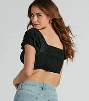 Around Town Puff Sleeve Tie-Front Satin Crop Top