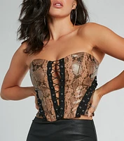 Snake Skin Tight Lace-Up Faux Leather Corset Top