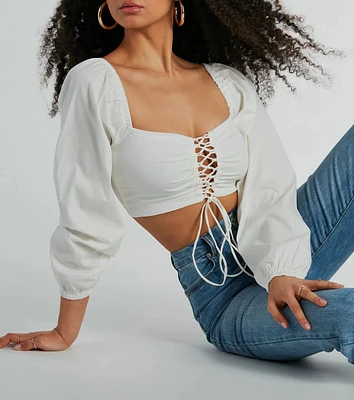 Laced-Up Babe Long Sleeve Crop Blouse