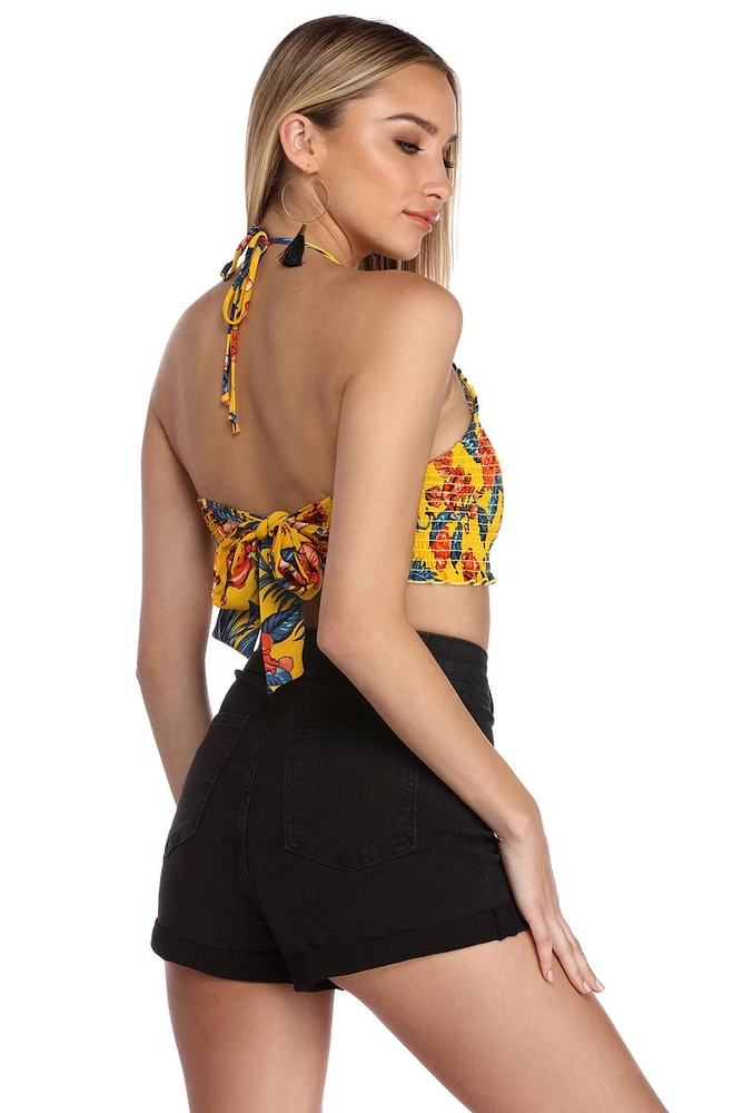 Tropical Tiki Smocked Halter Top