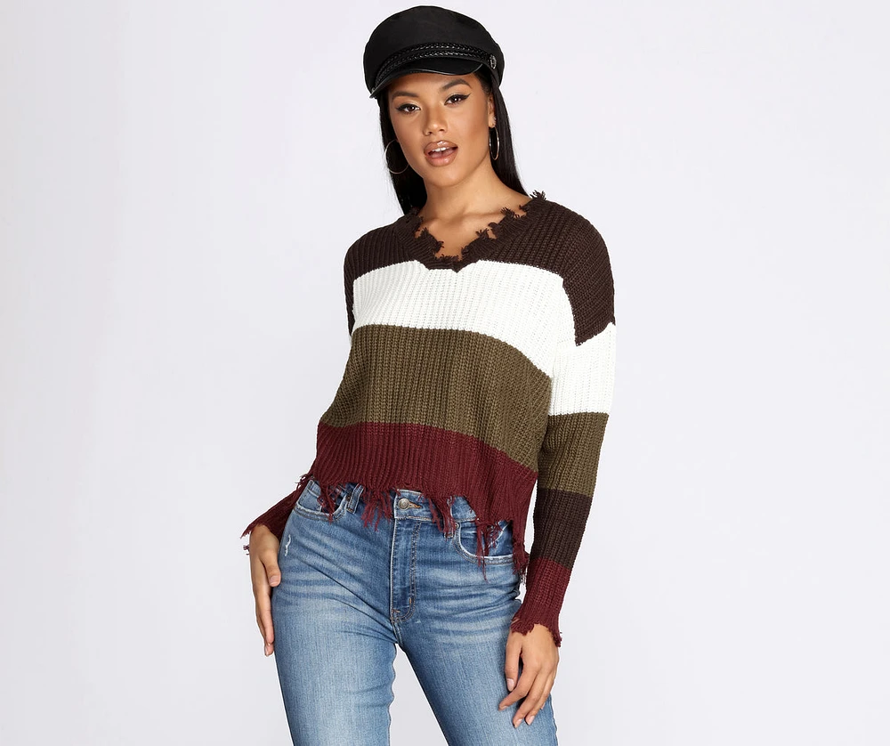 Tattered Color-Block Pullover