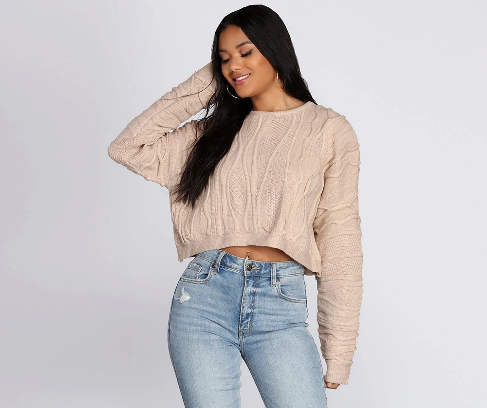 Textured Cable Knit Cropped Sweater