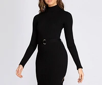 Mock Neck Belted Sweater Dress