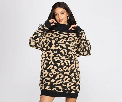 Angora Knit Leopard Print Sweater Dress