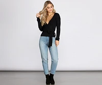 Ribbed Tie Waist Dolman Sweater