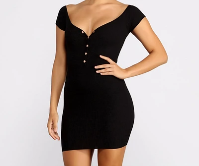 Felt Cute Button Off Shoulder Mini Dress