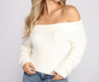 Off the Shoulder Cable Knit Sweater