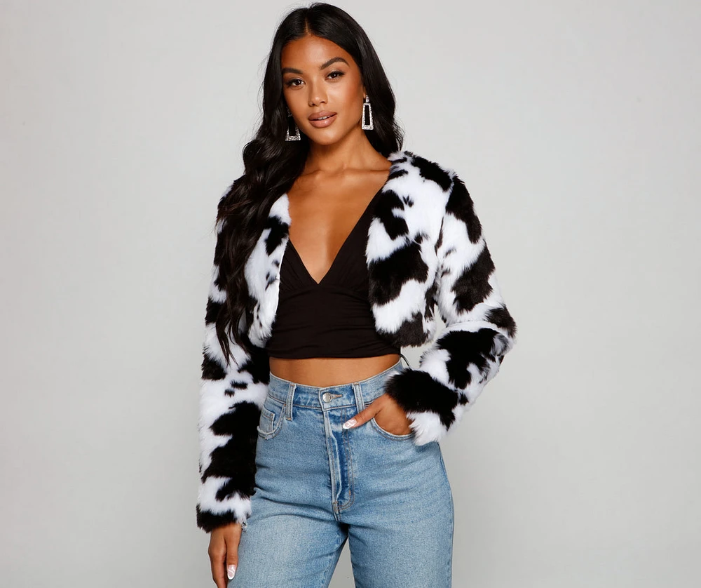 Faux Fur Cropped Cow Print Jacket