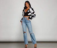 Faux Fur Cropped Cow Print Jacket