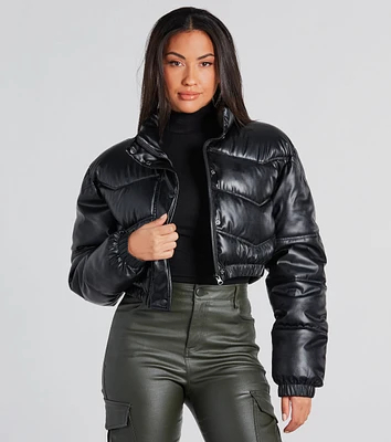 Slick Style Faux Leather Cropped Puffer Jacket