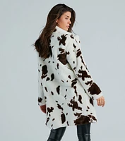 Stylishly Spotted Cow Print Faux Fur Coat