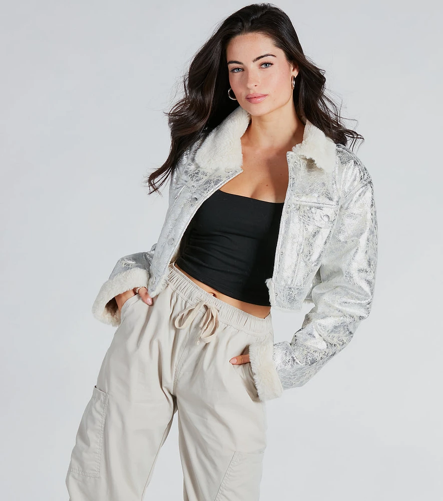 Pop Diva Status Metallic Faux Fur Crop Jacket