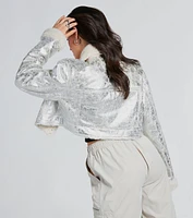 Pop Diva Status Metallic Faux Fur Crop Jacket