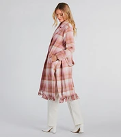 Perfect Plaid Fringe Faux Wool Trench Coat