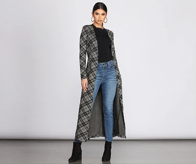 Belted Plaid Knit Duster